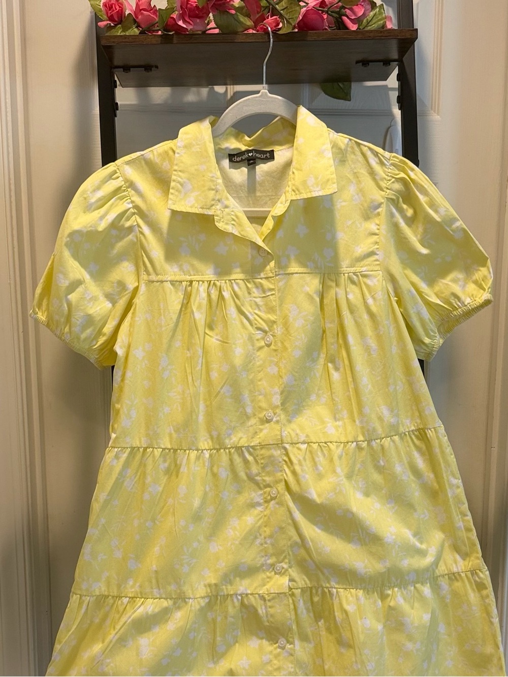 Derek Heart Cotton Yellow and White Floral Button-Front Puff Babydoll Dress - Picture 10 of 14